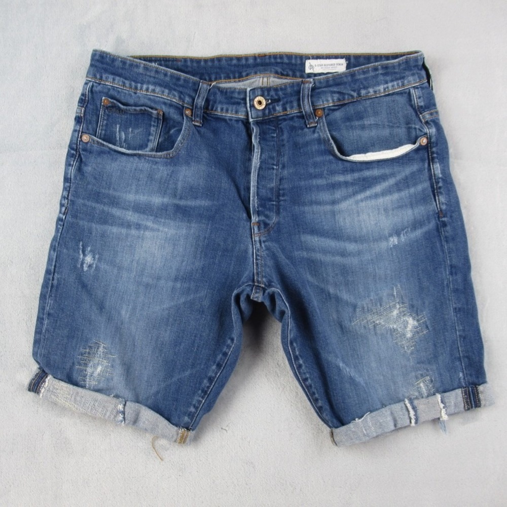 G-Star Raw 3301 Tapered Restored Denim Distressed Shorts Mens 36 Blue 51003-7049